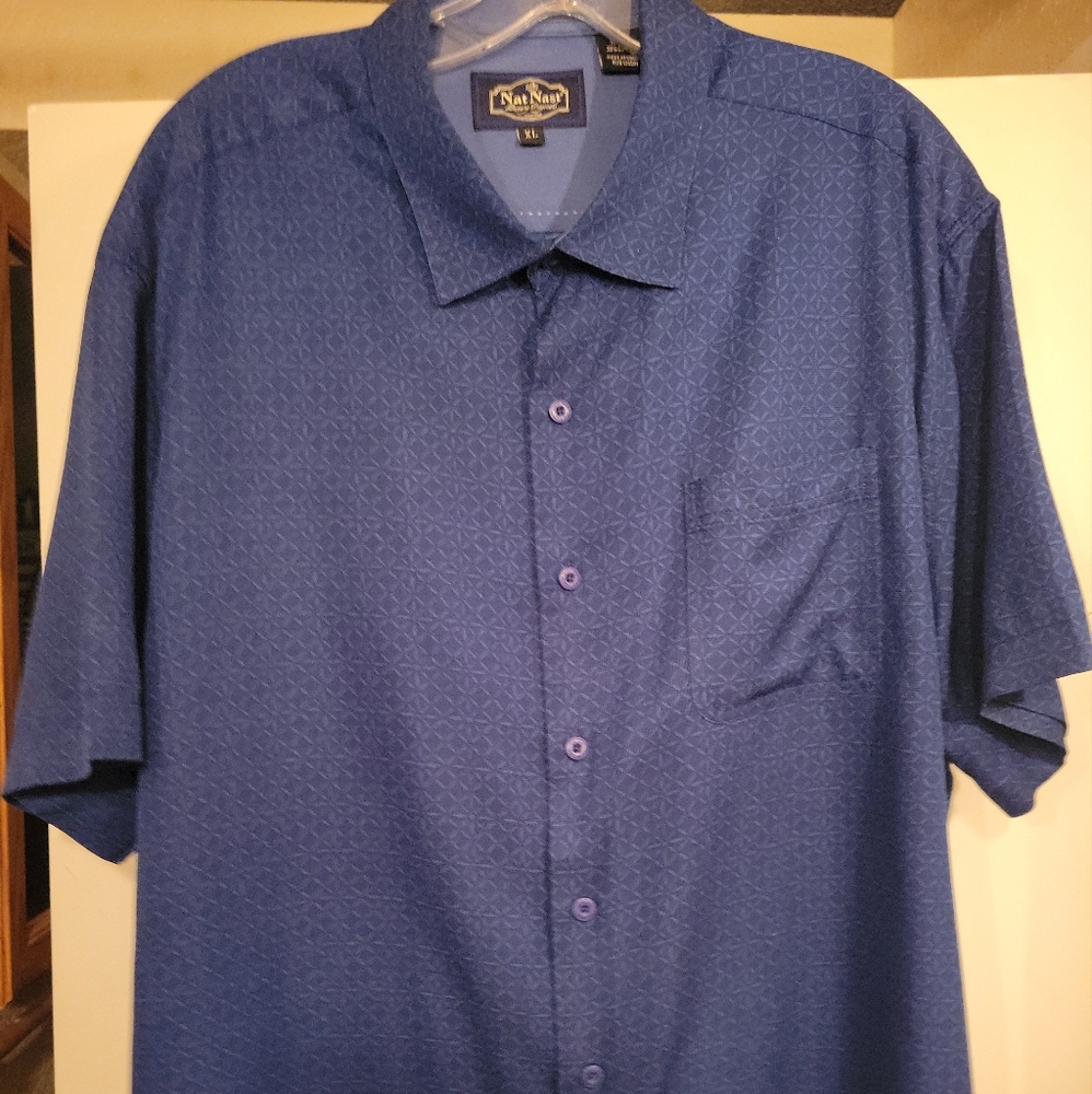 Nat Nast Mens Short Sleeve XL Silk Cotton Blue Button Up